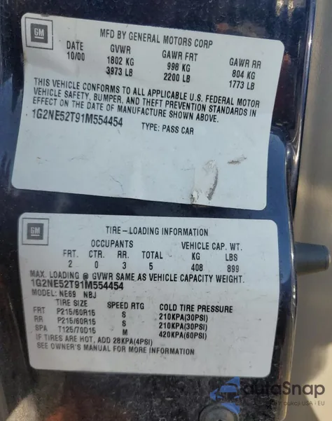 2001 Pontiac Grand Am Se из США, поврежденный, VIN 1G2NE52T91M554454